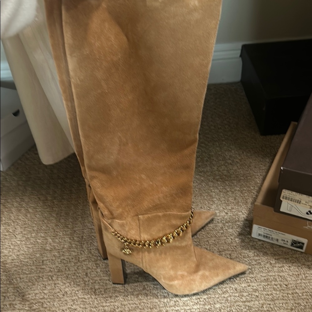 Tan Suede Knee-High Boots with Gold Chain